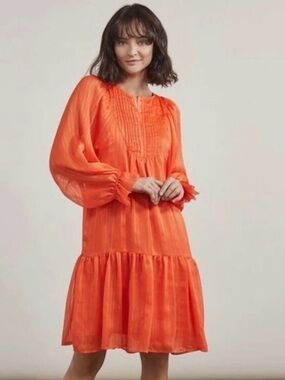 Elizabeth and James Orange Long-Sleeve Tiered Midi Dress